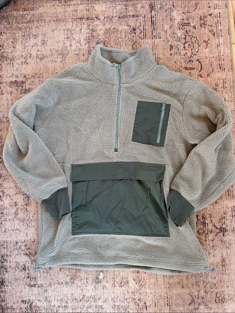 aerie Light Green Sherpa Half-Zip Pullover with Olive Green Accents - Picture 1 of 4
